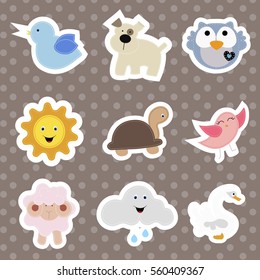 set of children's stickers of cute animals in cartoon style. collection baby of Nashik, labels and badges. baby shower or arrival. vector illustration. pattern for decoration or greetings