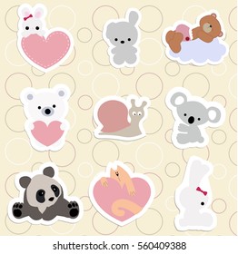 set of children's stickers of cute animals in cartoon style. collection baby stripes, labels and icons. baby shower or arrival. vector illustration. template for decoration or greetings