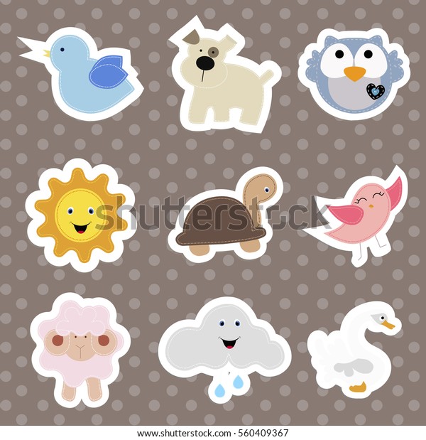 Set Childrens Stickers Cute Animals Cartoon Stock Vector Royalty