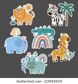 Set of childrens stickers with cute cartoon animals on a black background. Vector graphics perfect for postcards posters stickers.