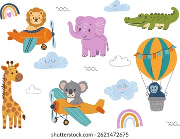 Set of childrens stickers, jungle animals with aircraft in hand drawn, doodle style. Suitable for kids adventures and safari themes. White background with clouds and rainbows.