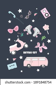 set of children's stickers and labels in retro style. flat graphics. isolated vector elements on dark background. roller skates, cassette tape, glasses, telephone receiver, cactus, moped, bus.