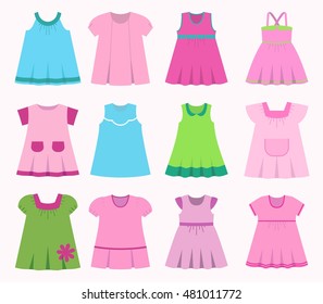 Set children's summer dresses. Collection cute clothes for girls. Vector illustration.