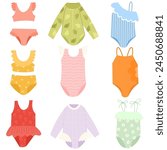 Set of children's summer swimsuit. Summer swimwear for girls. Swimsuit, fashion, summer concept