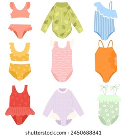 Set of children's summer swimsuit. Summer swimwear for girls. Swimsuit, fashion, summer concept