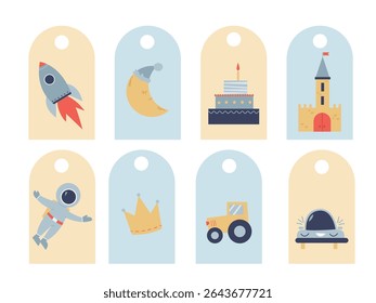 A set of children's tags with cute toys for children's promotions and gifts