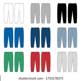 Conjunto de niños pantalones de sketch técnicos. Plantilla de diseño de pantalones para niños. Blanco, gris, negro, azul, rojo, verde. Melange y tejido de rayas. Vista frontal y posterior. ilustración vectorial