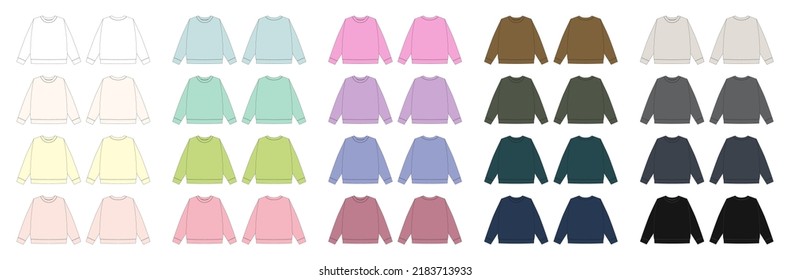 Set of childrens technical sketch sweatshirt. Kids wear jumper design template collection. Front and back view. CAD fashion design for packaging, catalog. Vector illustration