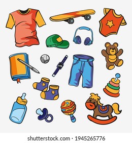 Set of children's and teenage things, clothes and toys. Hand drawn vector illustration. Funny illustration for backgrounds, web design, design elements, textile prints, covers, greeting cards

