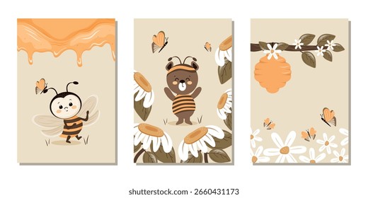 Um conjunto de modelos infantis para cartões postais, capas, banners, cartazes com uma abelha, um urso, flores e elementos apícolas. Design vetorial