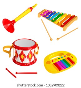 Set of children's toy musical instruments, isolated on white background. Drum, xylophone, puff and piano.