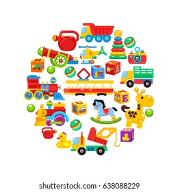 A set of children's toys, arranged in a circle. Vector illustration.