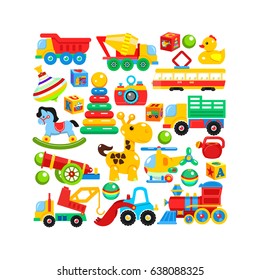 A set of children's toys arranged in the shape of a rectangle. Vector illustration.