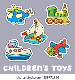 Set of childrens toys. Baby colorful transport stickers. Vector doodle collection