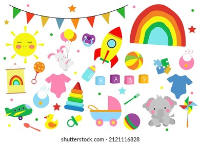 
A set of children's toys, clothes. Vector illustration