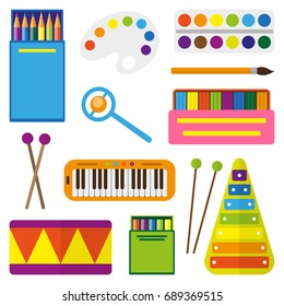 Set of children's toys for the development of artistic and musical creativity isolated on white background. Colorful flat design for children's book, magazine, web, card. Vector illustration