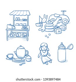 Set of children's toys as doll, supermarket, doll's dishes, water bottle, car and cube. Hand drawn blue line art cartoon vector illustration. 