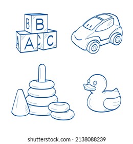 Set of children's toys in the form of cubes, car, pyramid and duck. Hand drawn line art cartoon vector illustration.