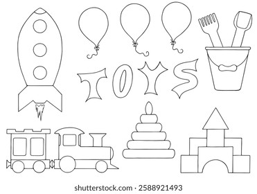 Set of children's toys. Freehand drawing. Doodle. Hand Drawn. Outline.	