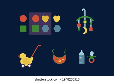 A set of children's toys and items. Isolated vector children's objects o for playing and feeding. Construction set, Duck, Feeding bottle, Pacifier, Mobile. Vector illustration