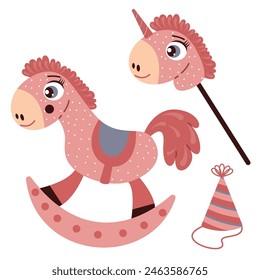 A set of children's toys. Rocking horse, horse on a wooden stick. Cartoon illustration for your design