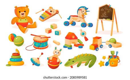 A set of children's toys. Soft and wooden toys. Teddy bear, cubes, pony, drum, ball, wooden car, chalk board, children's bucket with shovels, children's xylophone. Cartoon vector illustration isolated