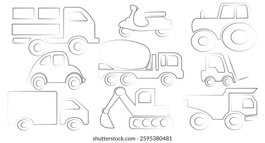 Set of children's toys, transport - sketches for coloring
