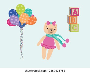 set of children's toys in vector. cubes, bear, balloons