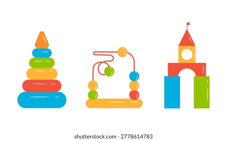 Set of childrens toys. Vector set of educational baby toys including a stacking ring pyramid, bead maze, and building blocks tower. Bright flat icons for nursery and childhood concepts