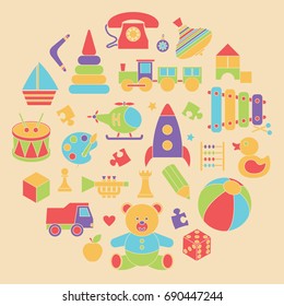 Set of children's toys vector illustration isolated. Simple signs, flat icons of baby elements in circle form. Baby shower card 