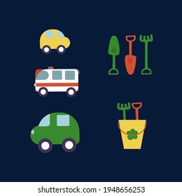 A set of children's toys in a vector. Isolated children's objects o for games. Color illustrations of cars, shovels and a bucket for a sandbox in the flat style. Vector illustration