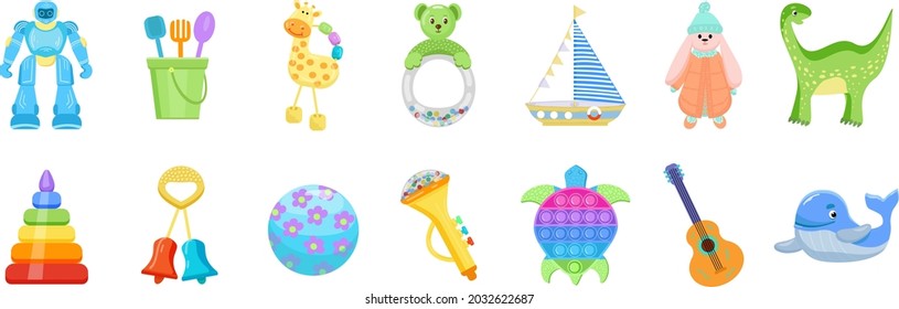 Set of children's toys. Vector isolated illustration. Cartoon collection of elements.