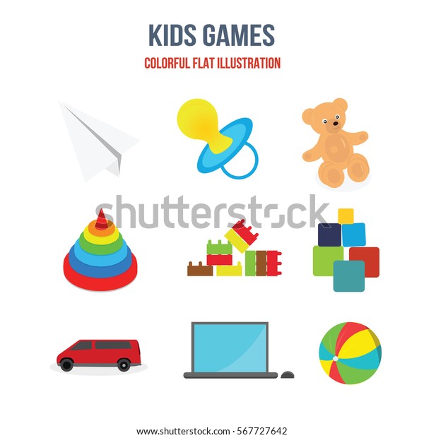 Set of children\'s toys,\
vehicles, educational games, appliances and household items.\
Colorful flat illustration. Illustration isolated on a white\
background separately.