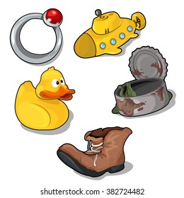A set of children's toys. A worn Shoe and a tin can. Vector illustration.