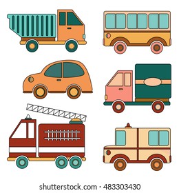 Set of children's transport. Isolated hand drawn transport set. Vector illustration.