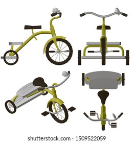 Set with a children's tricycle. Polygonal detailed bike. Isometric view, front, top and side. 3D. Vector illustration.