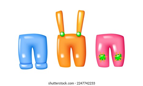 Set of children's trousers. Multicolored kid trousers in cartoon style. Kids clothing. Vector objects