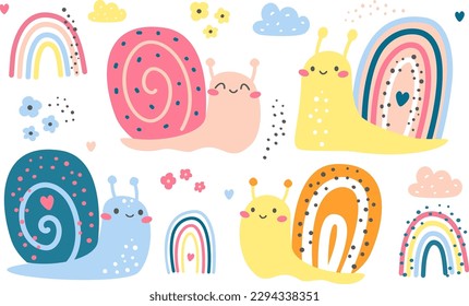 Set of children's vector illustrations. Cute smiling snails in Scandinavian style. Rainbows, flowers and clouds. 