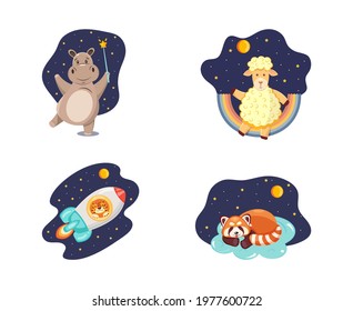 Set of children's vector illustrations with wild cartoon animals on the background of the starry night sky. A hippopotamus with a magic wand, a red panda lies on a cloud, a tiger flies on a rocket, a 