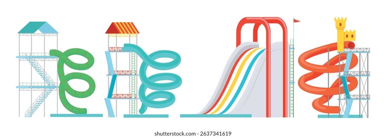 Set of children's water slides in an aquapark in cartoon style. Vector illustration of tall water spiral structures, slides of different shapes with lids, steps, flag isolated on white background.
