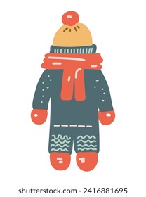 Set of children's winter clothes, overalls, hat, mittens and scarf, vector illustration in cartoon style