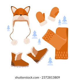 Set of children's winter outerwear for walking outside. Warm knitted hat with fox face, fur mittens, patterned scarf, brown boots with fleece lining. Vector illustration in flat style.