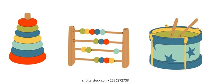 A set of children's wooden and plastic toys, a pyramid, a drum and an abacus. Colored flat vector illustration on white background