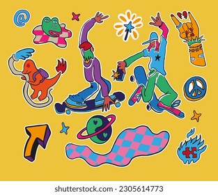 set of children's youth stickers in vector.isolated elements for design and print.characters and objects in flat style.internet, skate, longboard, puzzle, dinosaur,hand,pacifism