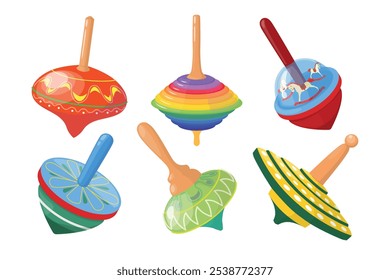 Set of children's yula, spinning tops in a cartoon style. Vector illustration of spinning tops with colored rings, patterns, rocking horses isolated on a white background. Educational toys.Rotation.