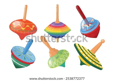 Set of children's yula, spinning tops in a cartoon style. Vector illustration of spinning tops with colored rings, patterns, rocking horses isolated on a white background. Educational toys.Rotation.