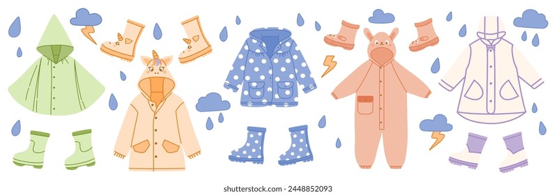 Set of childs raincoats, romper and rubber boots. Vector illustrations of rainy season clothers. Cartoon style illustration isolated on a white background.

