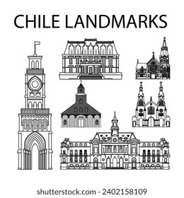 set of Chile famous landmarks by silhouette outline style,vector illustration