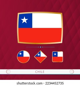 Set of Chile flags with gold frame for use at sporting events on a burgundy abstract background. Vector collection of flags.