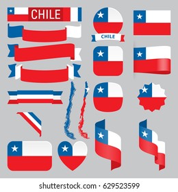 Set of Chile maps, flags, ribbons, icons and buttons with different shapes.